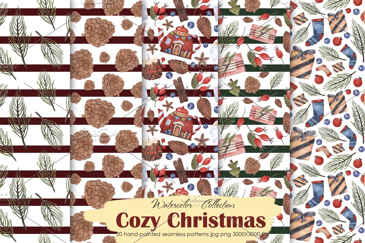 舒适的圣诞节主题手绘水彩无缝背景纹理 Cozy Christmas patterns_img_2