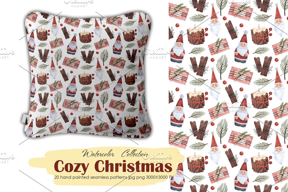 舒适的圣诞节主题手绘水彩无缝背景纹理 Cozy Christmas patterns_img_2