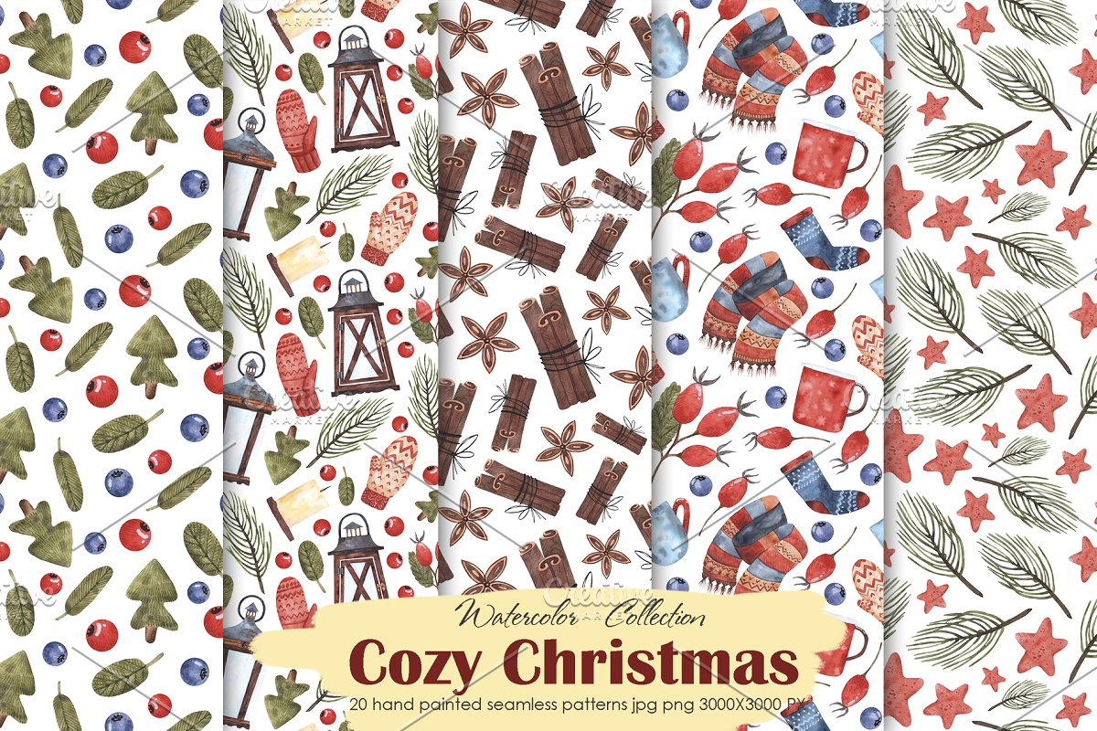 舒适的圣诞节主题手绘水彩无缝背景纹理 Cozy Christmas patterns_img_2