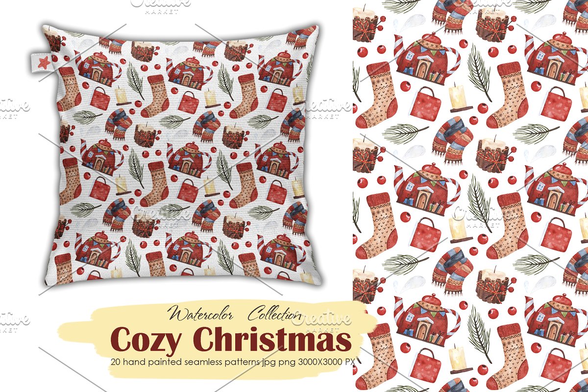 舒适的圣诞节主题手绘水彩无缝背景纹理 Cozy Christmas patterns_img_2