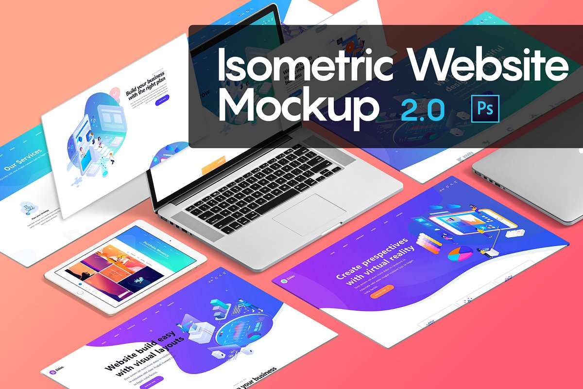 设计师必备等距MacBook Pro电脑网页设计展示样机套装2.0 Isometric Website Mockup 2.0_img_2