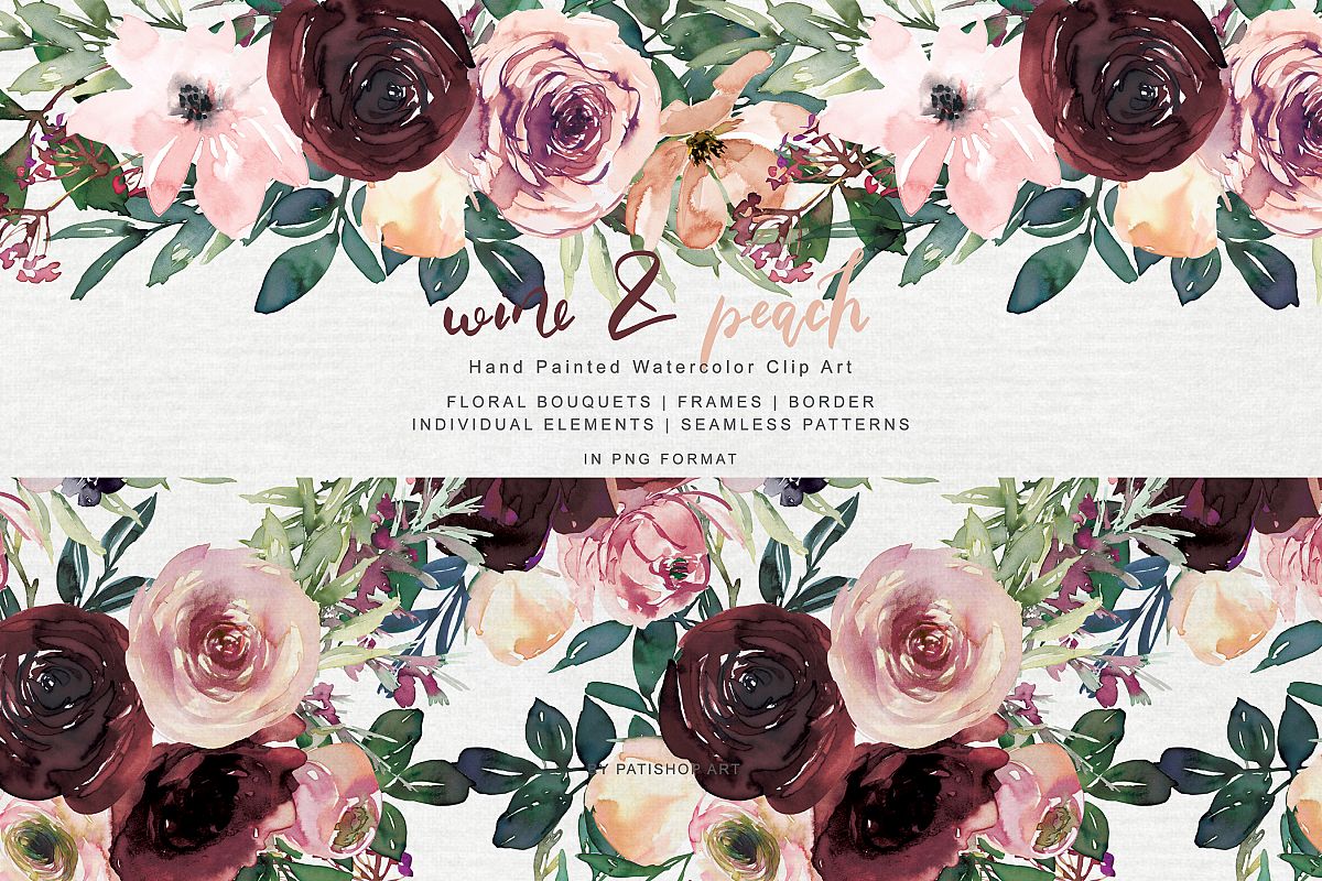 手绘桃红色玫瑰花花卉水彩画集 Wine and Peach Floral Bouquet Clipart_img_2