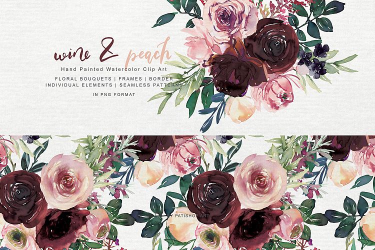 手绘桃红色玫瑰花花卉水彩画集 Wine and Peach Floral Bouquet Clipart_img_2