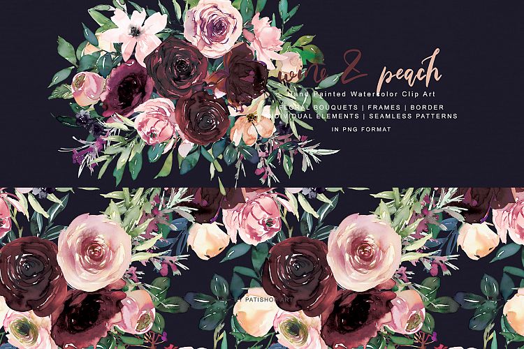 手绘桃红色玫瑰花花卉水彩画集 Wine and Peach Floral Bouquet Clipart_img_2