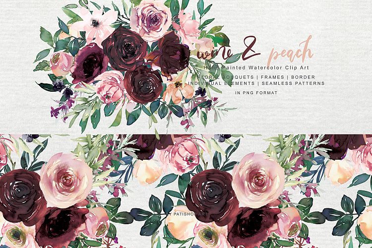 手绘桃红色玫瑰花花卉水彩画集 Wine and Peach Floral Bouquet Clipart_img_2