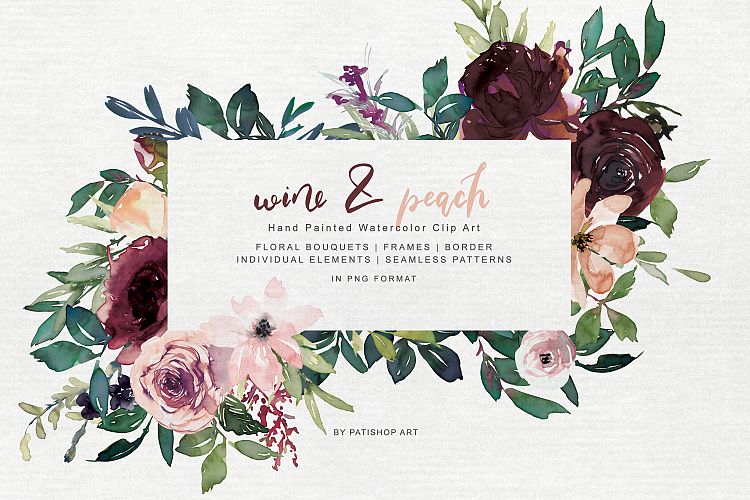 手绘桃红色玫瑰花花卉水彩画集 Wine and Peach Floral Bouquet Clipart_img_2