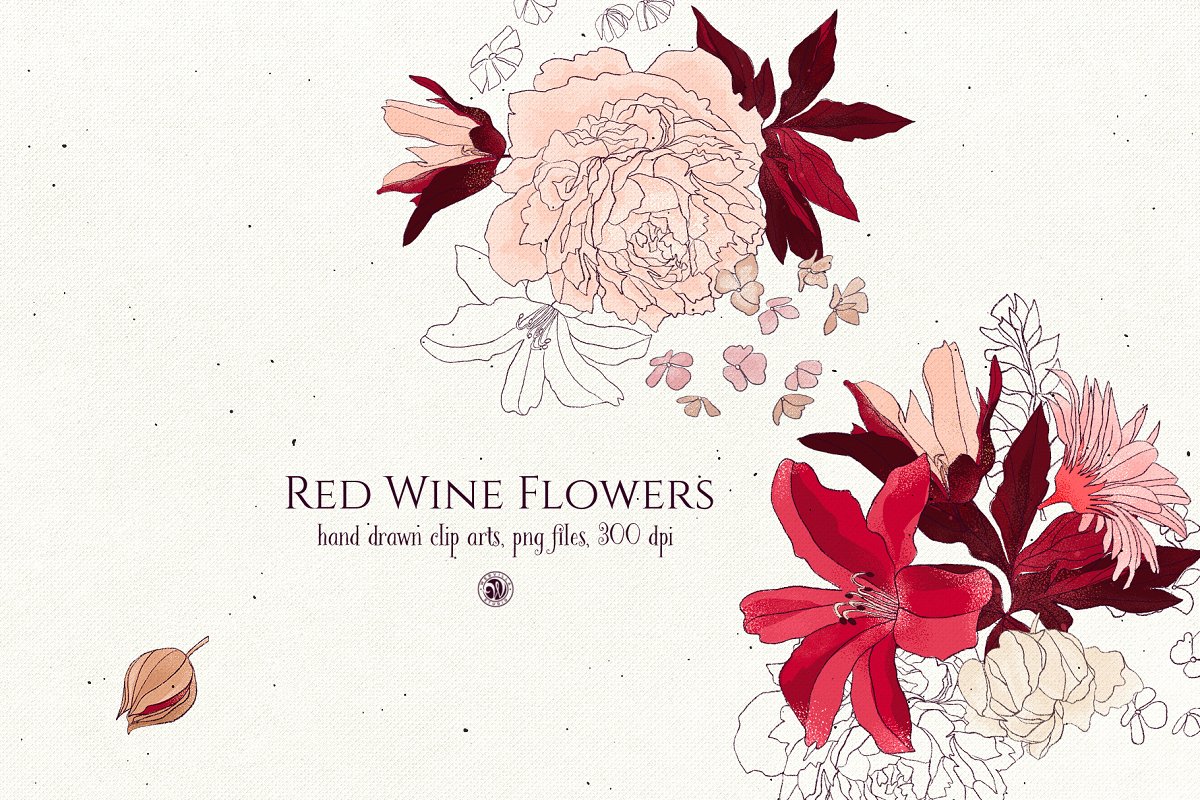 手绘葡萄酒酒红色花水彩插画 Red Wine Flowers_img_2