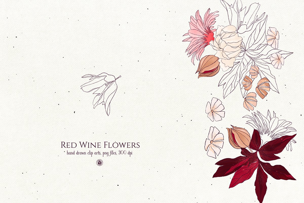 手绘葡萄酒酒红色花水彩插画 Red Wine Flowers_img_2