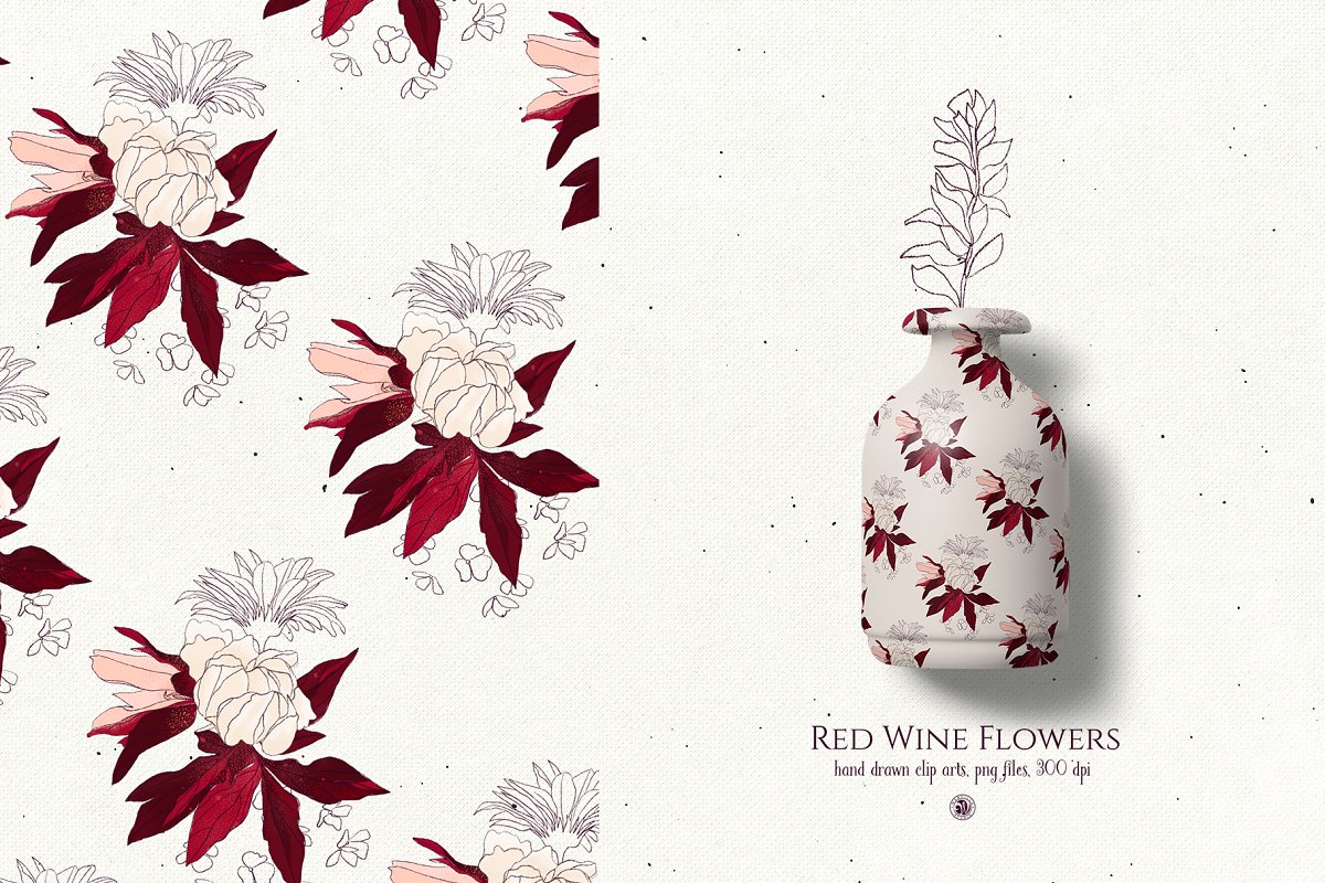 手绘葡萄酒酒红色花水彩插画 Red Wine Flowers_img_2