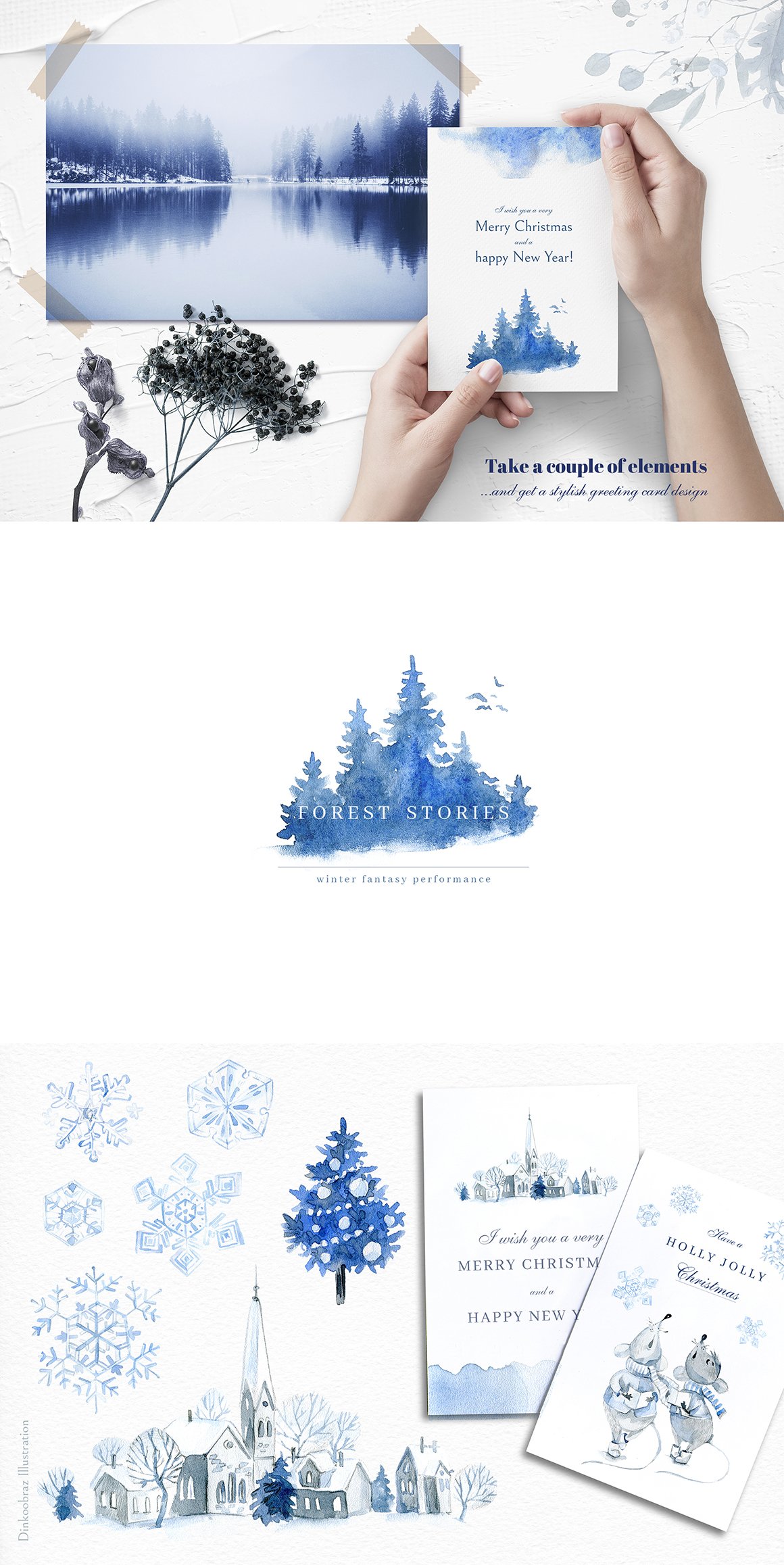 优雅的手绘蓝色冬季雪鼠花卉植物水彩插画 Snow Mice. Clipart set._img_2