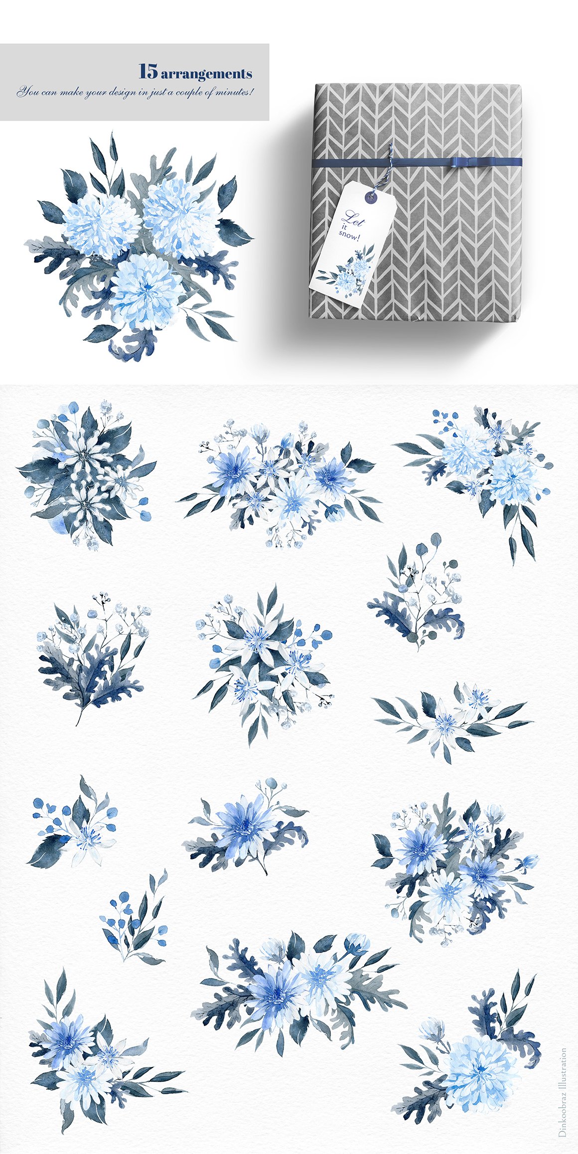 优雅的手绘蓝色冬季雪鼠花卉植物水彩插画 Snow Mice. Clipart set._img_2