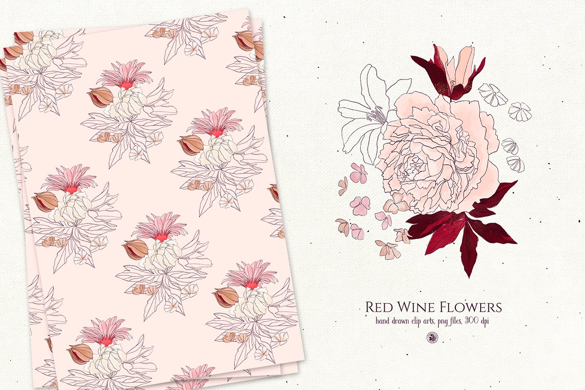 手绘葡萄酒酒红色花水彩插画 Red Wine Flowers_img_2