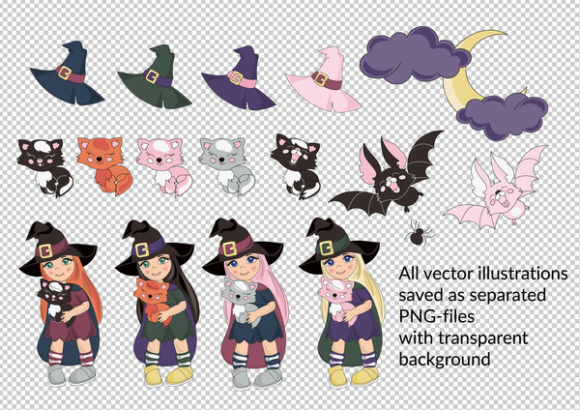 万圣节女巫剪贴画＆数字式印刷品模板印花集合 HALLOWEEN Clipart & Digital Print Set Color Vector Illustration_img_2