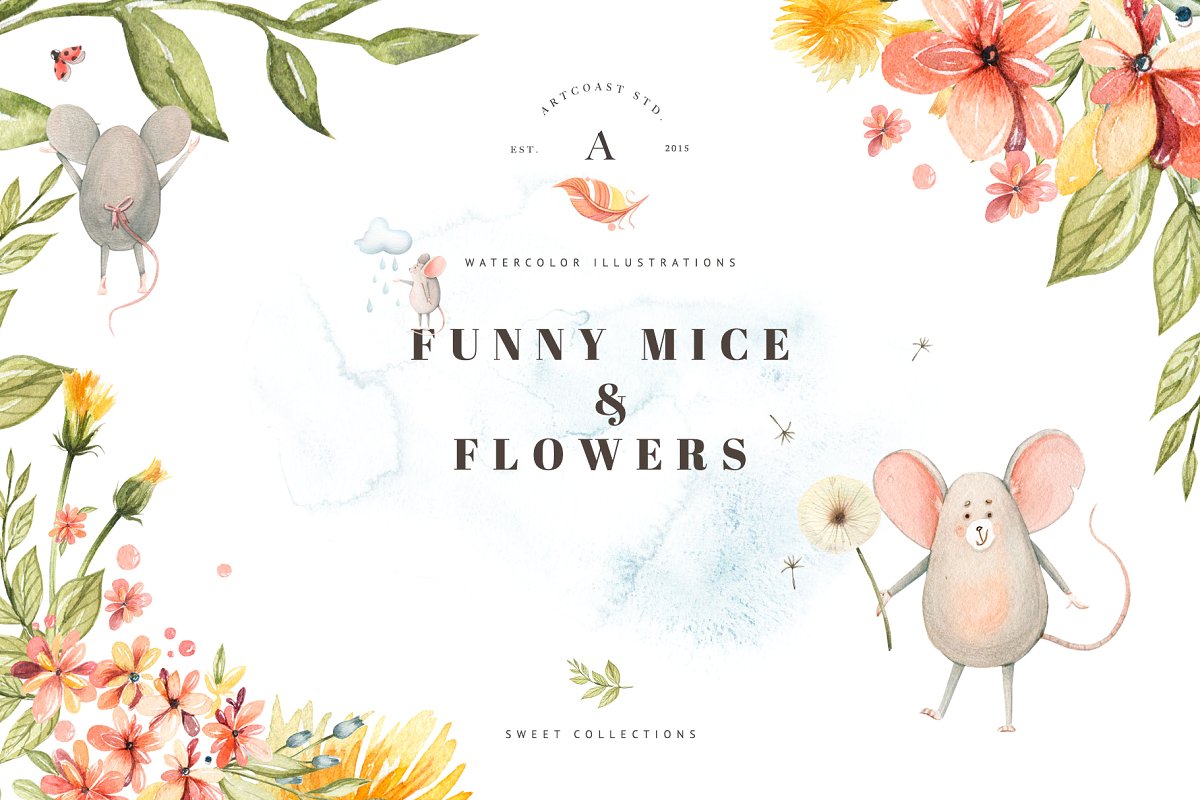 有趣的手绘鲜花&小老鼠PNG水彩插画 Funny Little Mice & Flowers_img_2