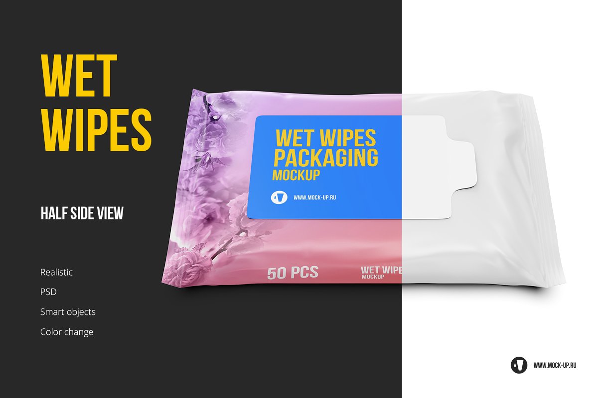 湿巾手帕塑料包装设计提案样机 Wet wipes mockup Half side view_img_2