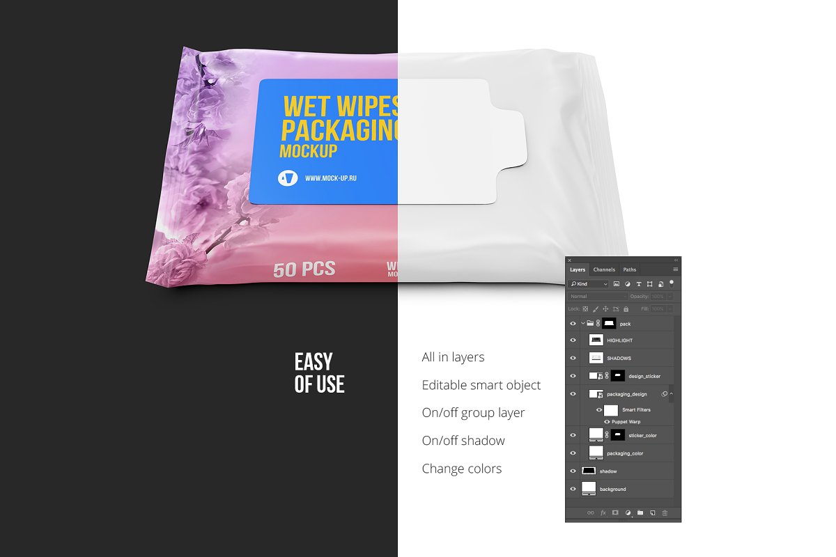 湿巾手帕塑料包装设计提案样机 Wet wipes mockup Half side view_img_2