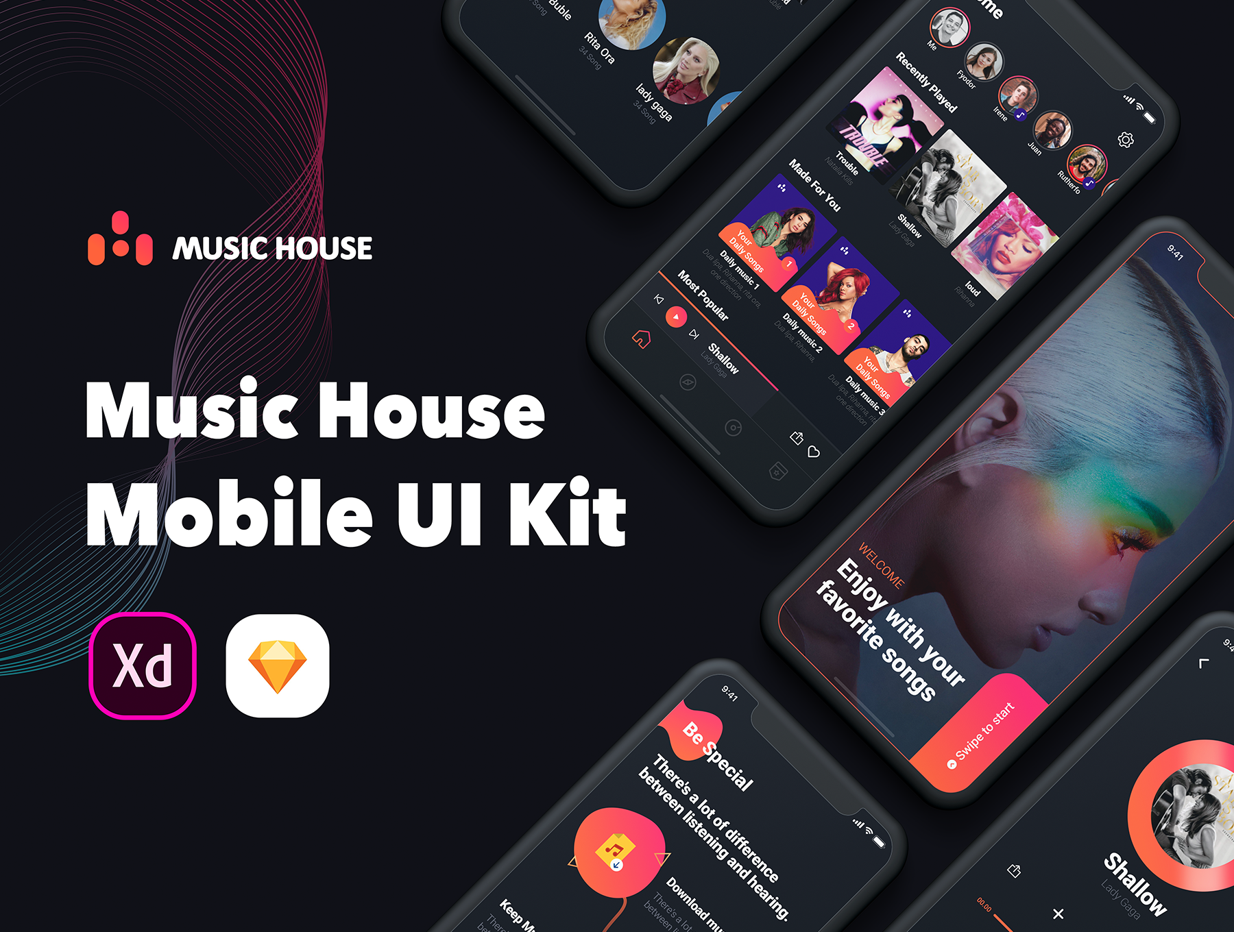 炫酷的暗黑音乐播放器iOS APP UI工具包 Music House Mobile UI Kit_img_2