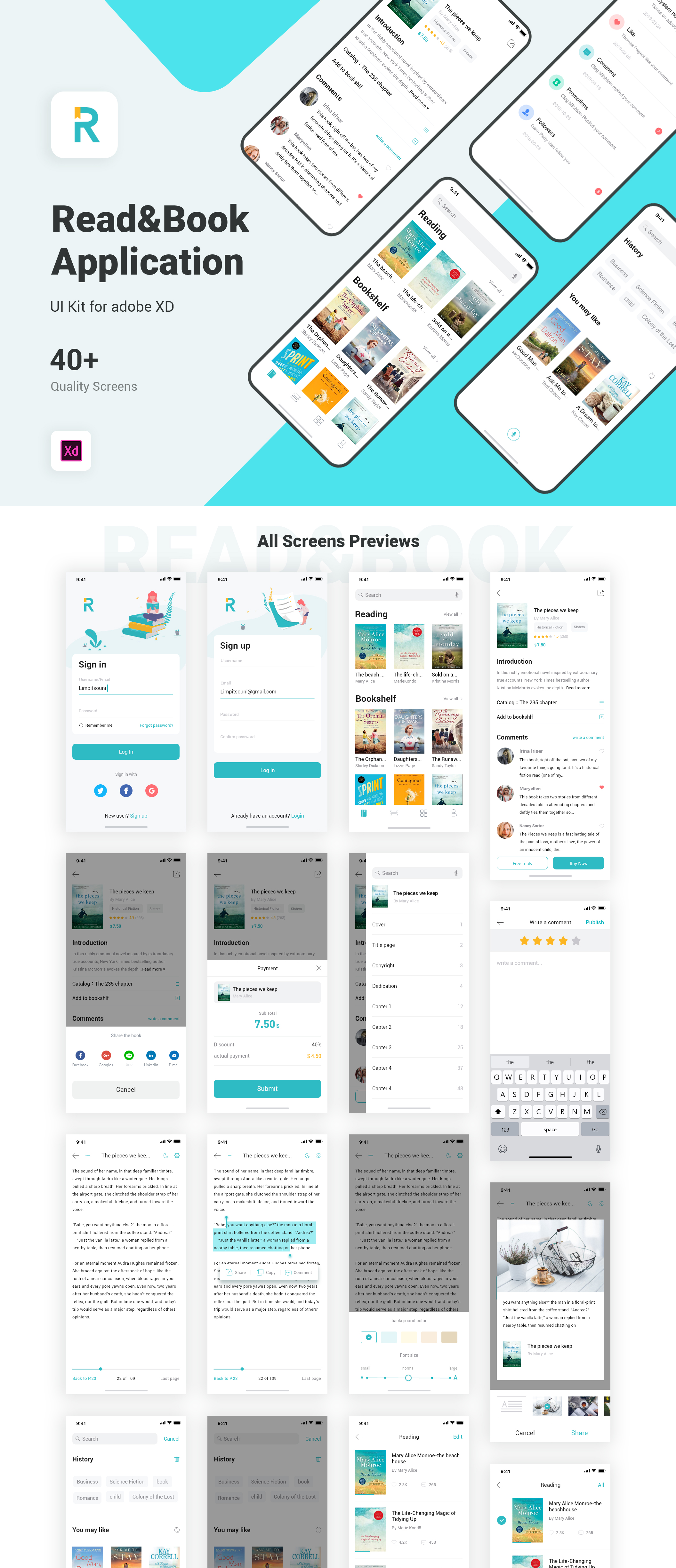 图书馆书籍借阅预定网络小说购阅iOS APP UI工具包 Read & Book UI Kit for Adobe XD_img_2