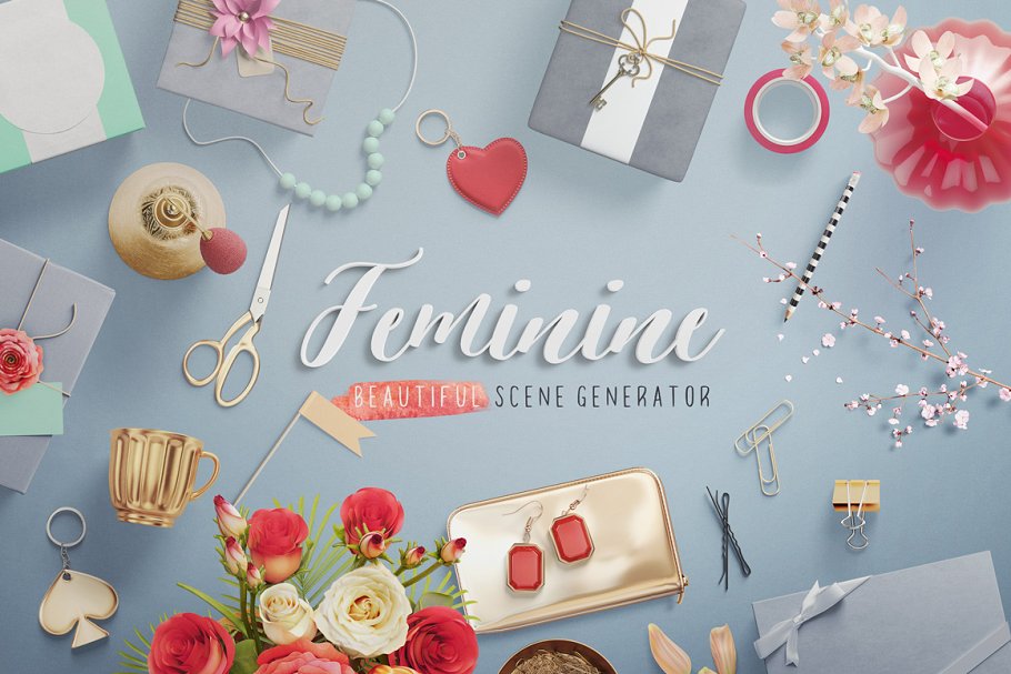 女性贺卡花卉办公文创展示样机 Feminine - Mockup Scene Generator_img_2