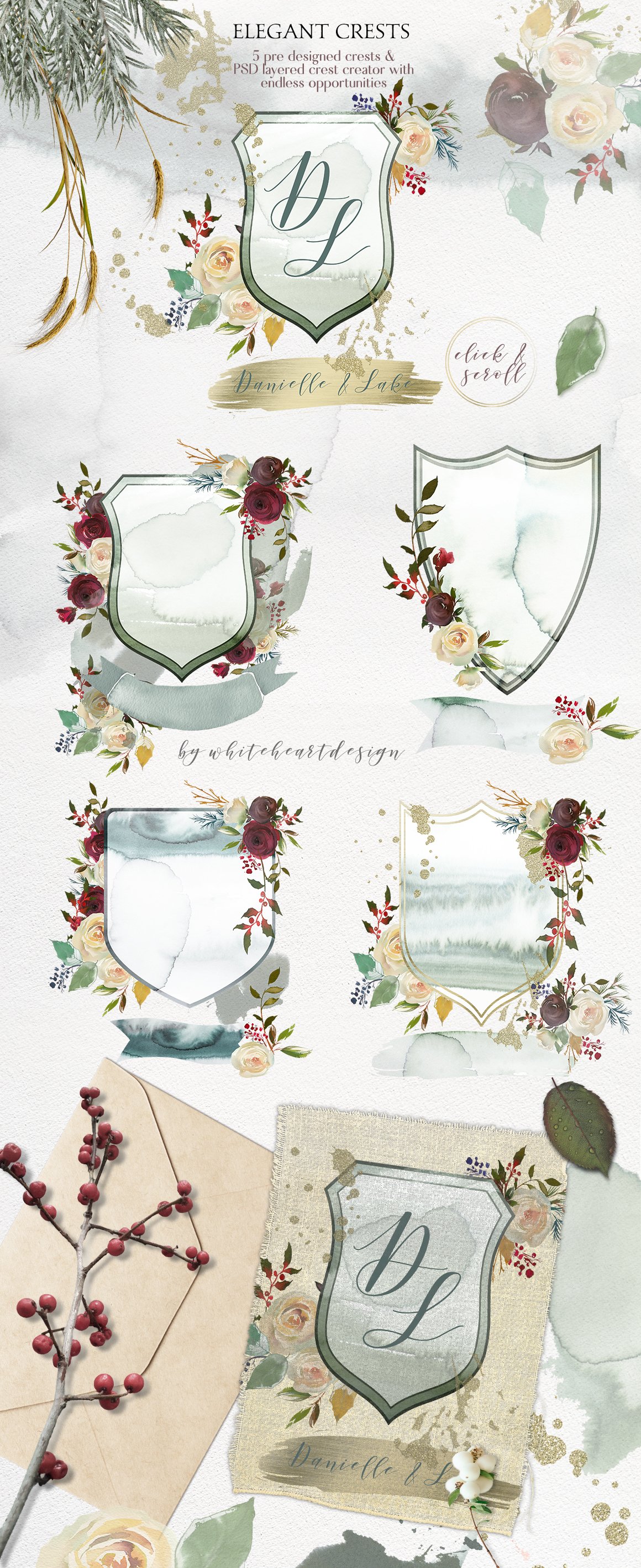 手绘冬季花卉字母水彩插画集&水墨数码纸纹理 Winter Solemnity Floral Design Kit_img_2