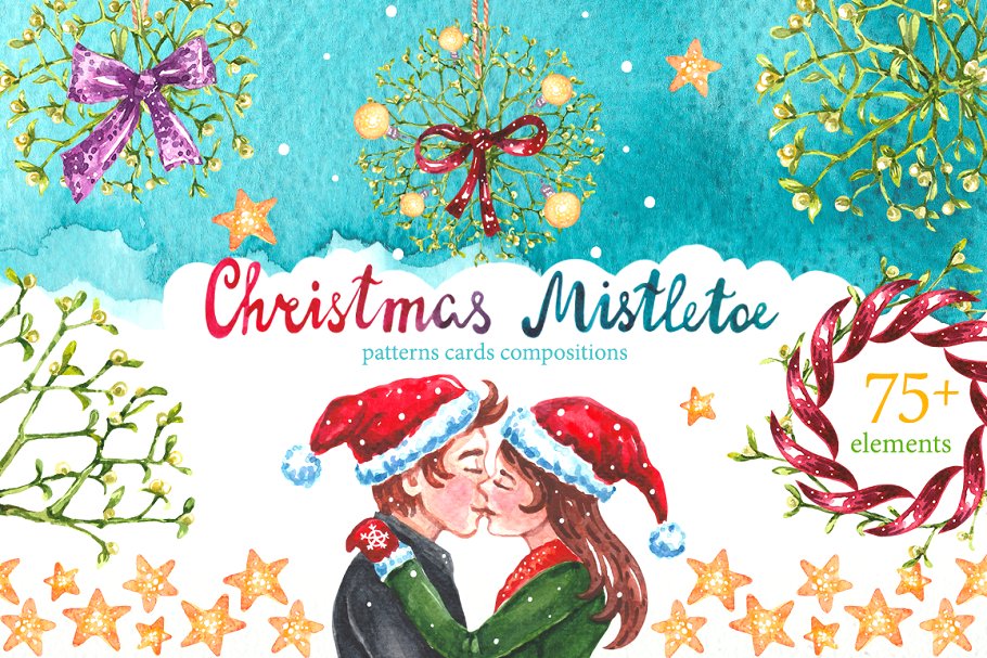 情义满满的手绘圣诞节装饰元素水彩插画 Christmas Mistletoe Watercolor Set_img_2