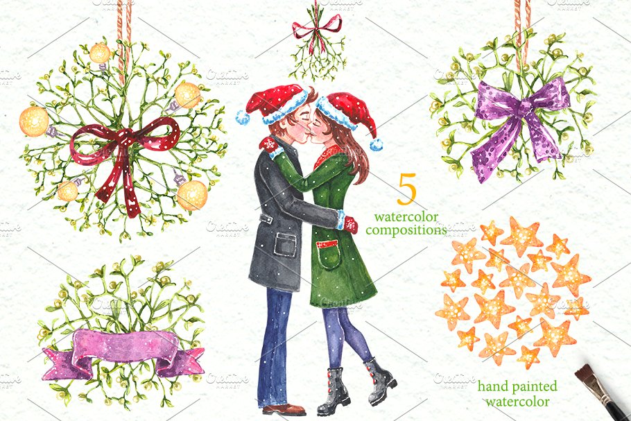 情义满满的手绘圣诞节装饰元素水彩插画 Christmas Mistletoe Watercolor Set_img_2