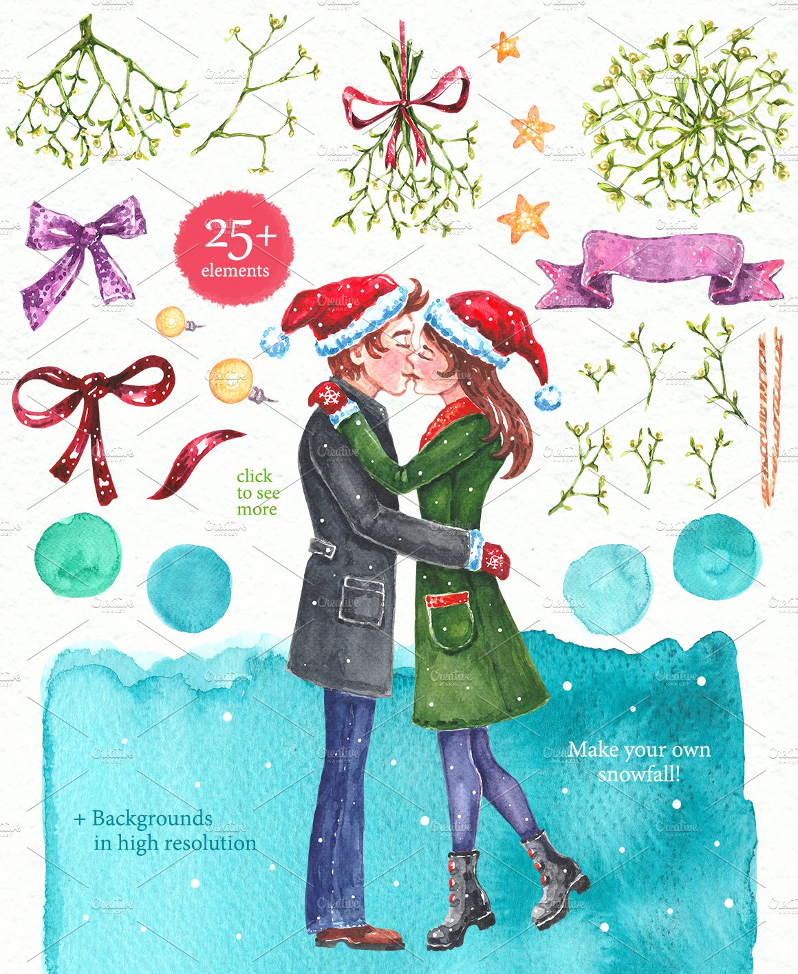 情义满满的手绘圣诞节装饰元素水彩插画 Christmas Mistletoe Watercolor Set_img_2