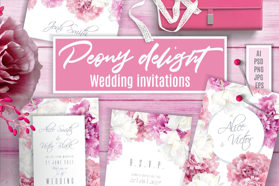 欢庆喜悦婚礼情人节邀请函模板&花卉水彩插画 Peony Delight | Wedding invitations_img_2