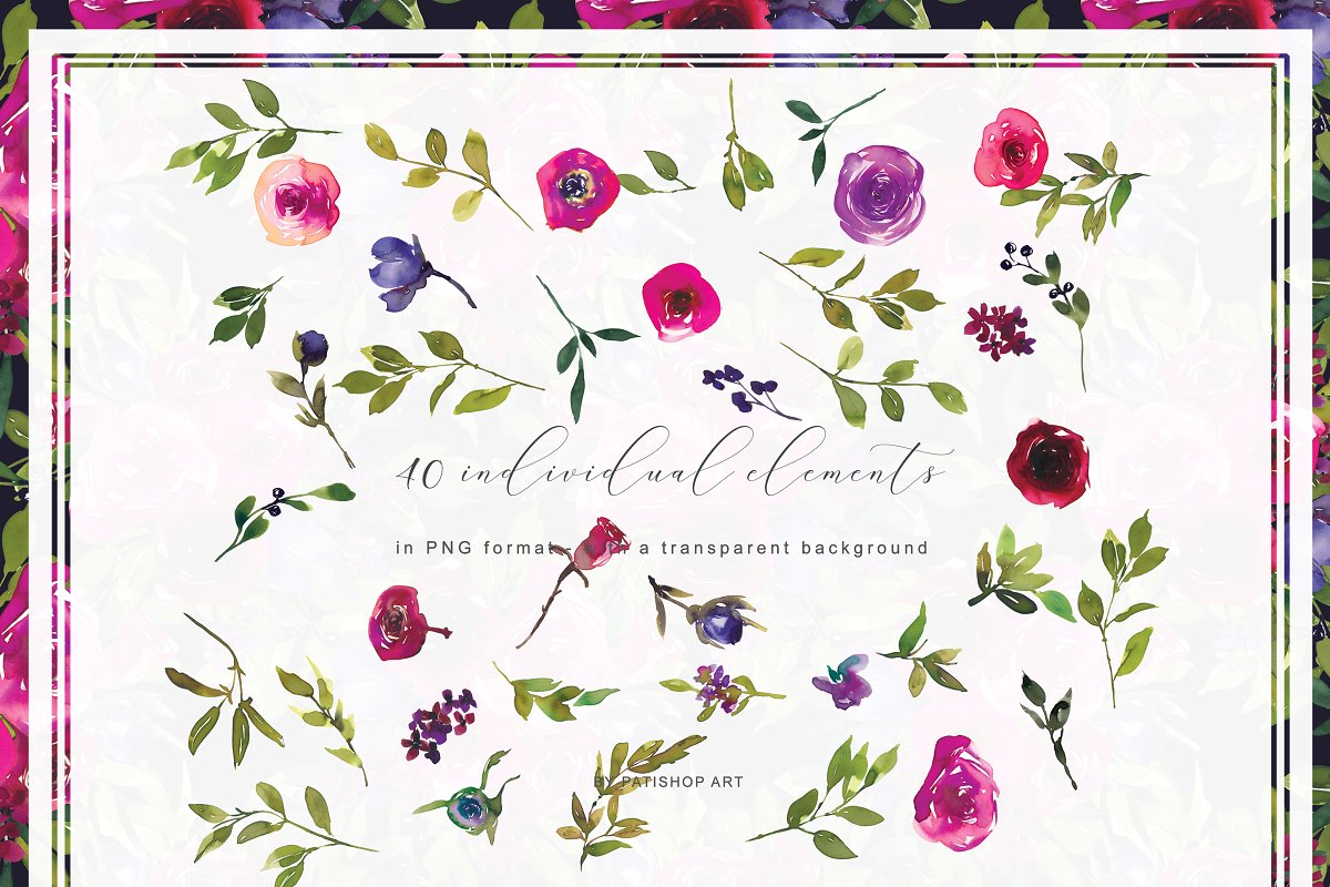 红色手绘玫瑰花花卉水彩PNG画集 Magenta Watercolor Floral Clipart_img_2