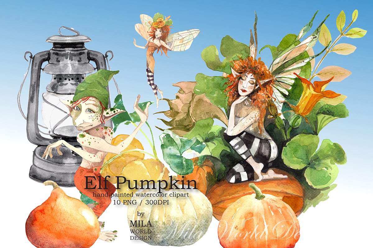 神秘手绘圣诞节精灵难关水彩PNG画集 Elf Pumpkin Watercolor Clip Art_img_2