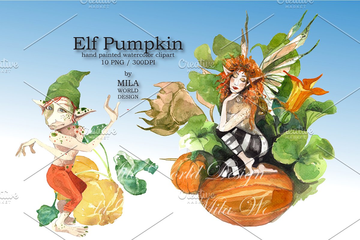 神秘手绘圣诞节精灵难关水彩PNG画集 Elf Pumpkin Watercolor Clip Art_img_2