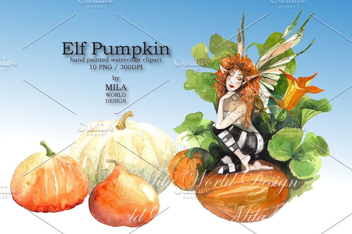 神秘手绘圣诞节精灵难关水彩PNG画集 Elf Pumpkin Watercolor Clip Art_img_2