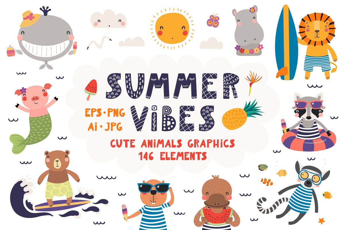 夏季可爱斯堪的纳维亚风格动植物EPS矢量图案合集 Summer Vibes, Cute Animals Graphics_img_2