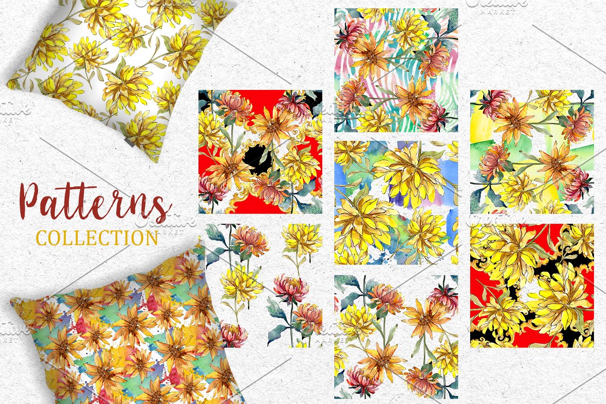 黄色紫苑水彩PNG花卉图集 Yellow Watercolor Asters PNG set_img_2