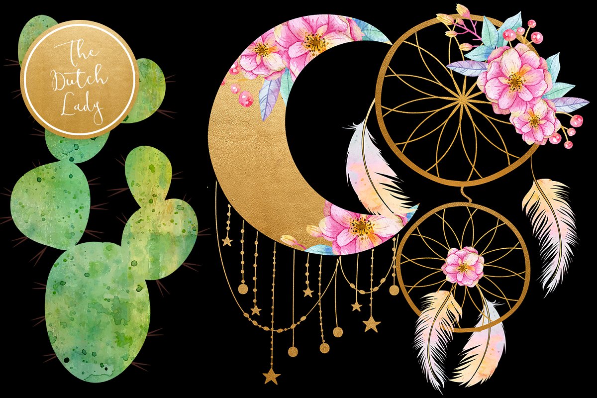 可爱南美沙漠羊驼仙人掌动植物水彩PNG图集 Enchanted Boho Desert Clipart Set_img_2