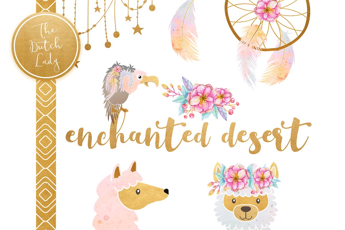 可爱南美沙漠羊驼仙人掌动植物水彩PNG图集 Enchanted Boho Desert Clipart Set_img_2