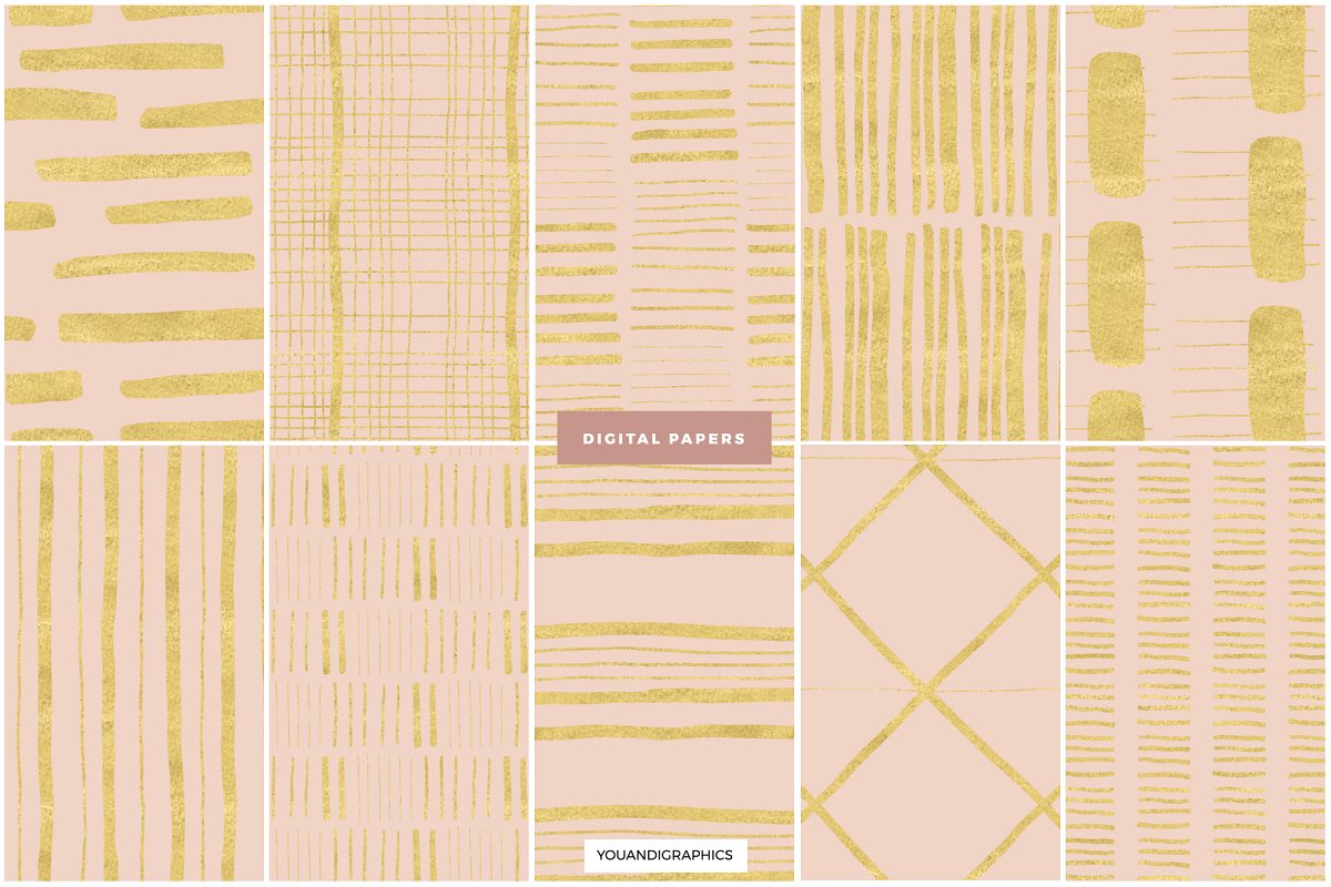 精选免费带有金色数字纸纹理JPG图案 Sunset Lines Hand Drawn Patterns_img_2