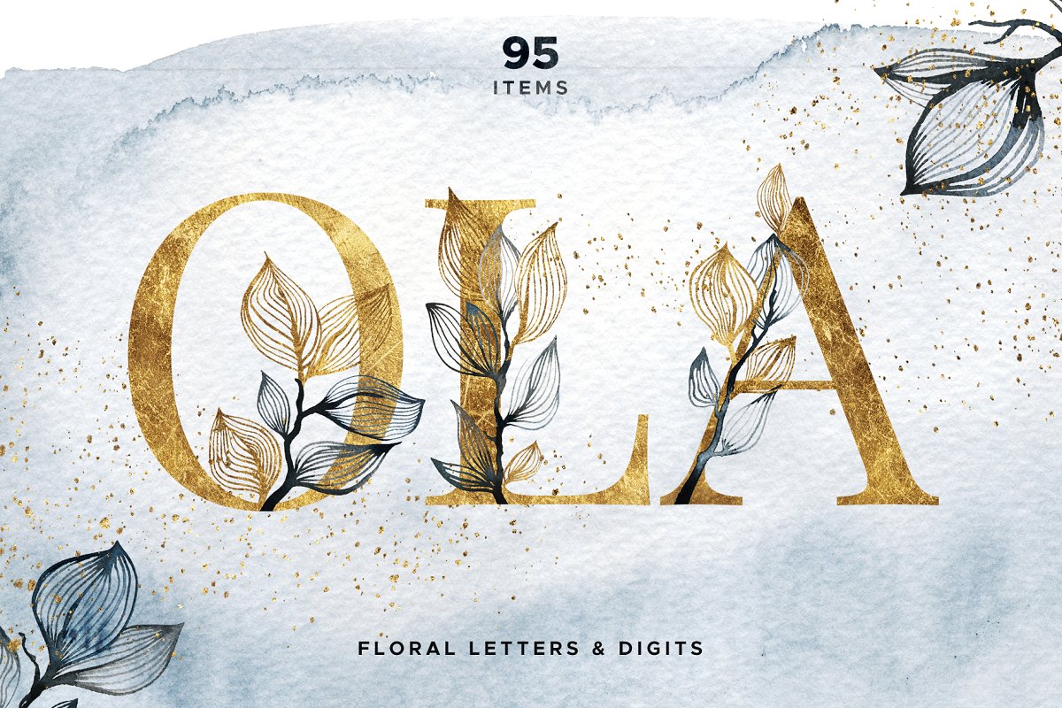 金色水彩花卉大写字母数字组合PNG图案集 OLA Floral Alphabet Letters & Digits_img_2