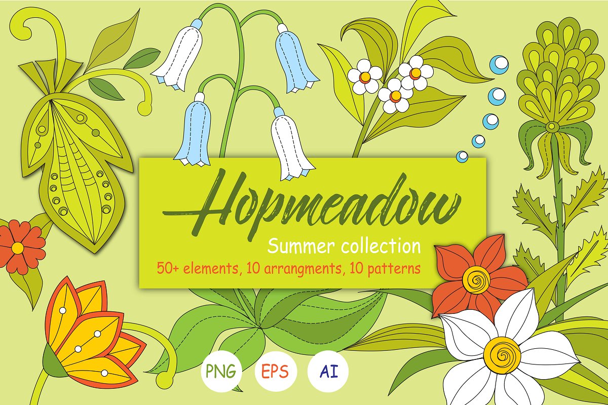 夏季手绘植物树叶涂鸦AI矢量图案 Hopmeadow. Summer Collection._img_2