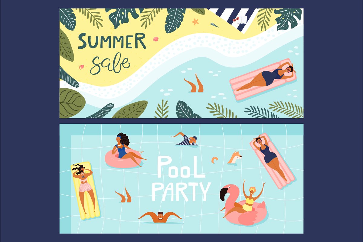 夏季手绘海滩冲浪人物植物AI矢量图案 Beach Party, Summer Vector Art_img_2