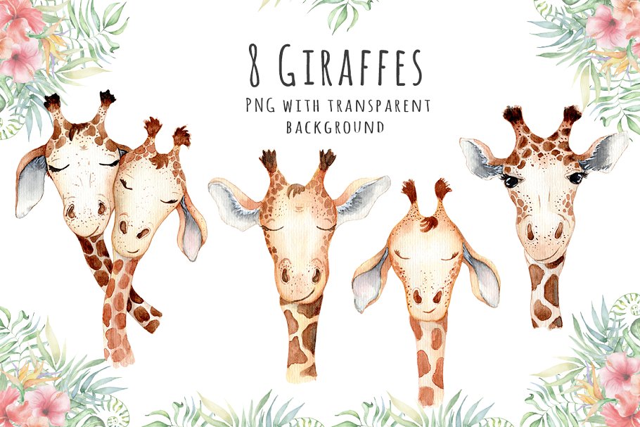 可爱热带动物长颈鹿水彩PNG画集 Lovely Giraffes watercolor set_img_2