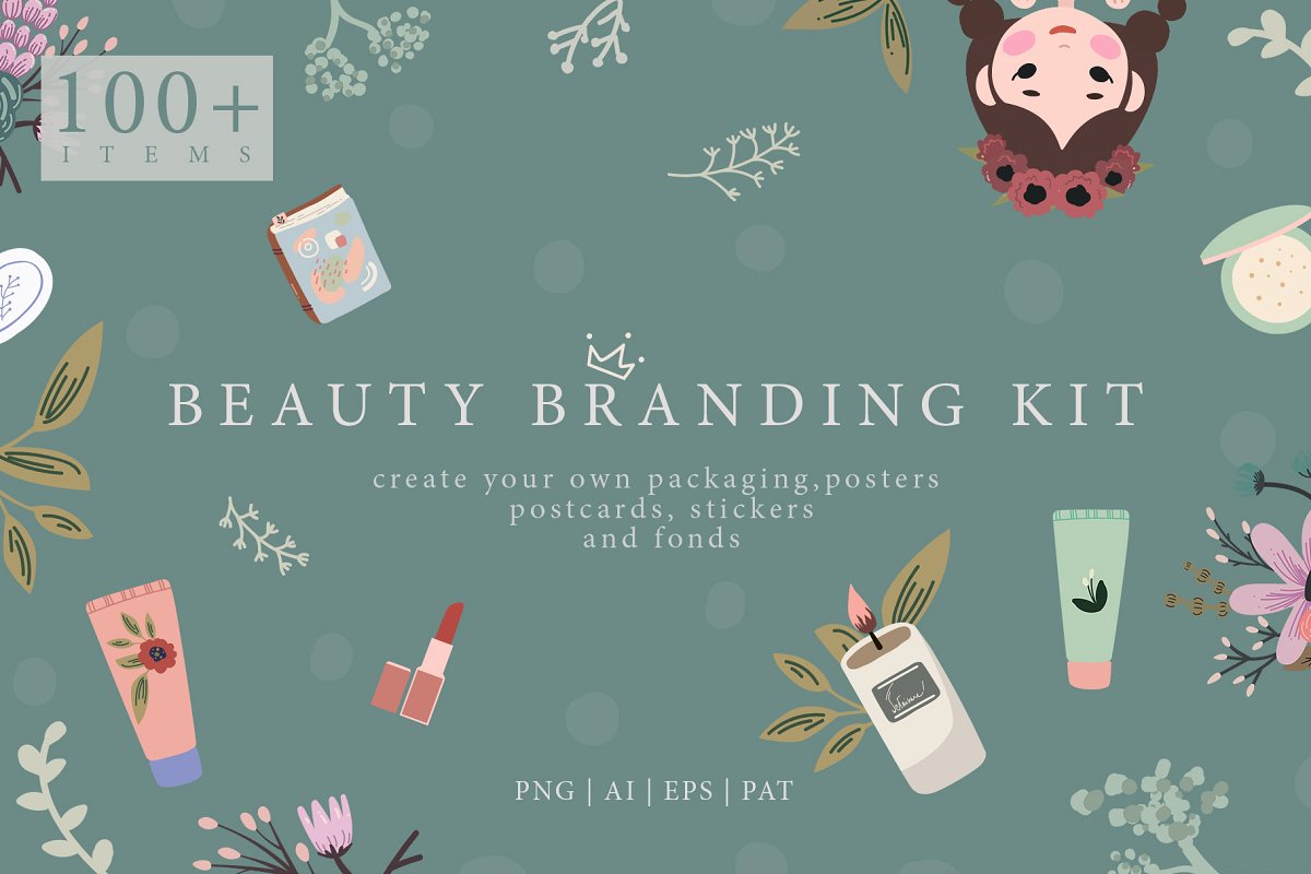 清新手绘女性花卉美容化妆品矢量EPS图案集 Beauty Branding Kit_img_2