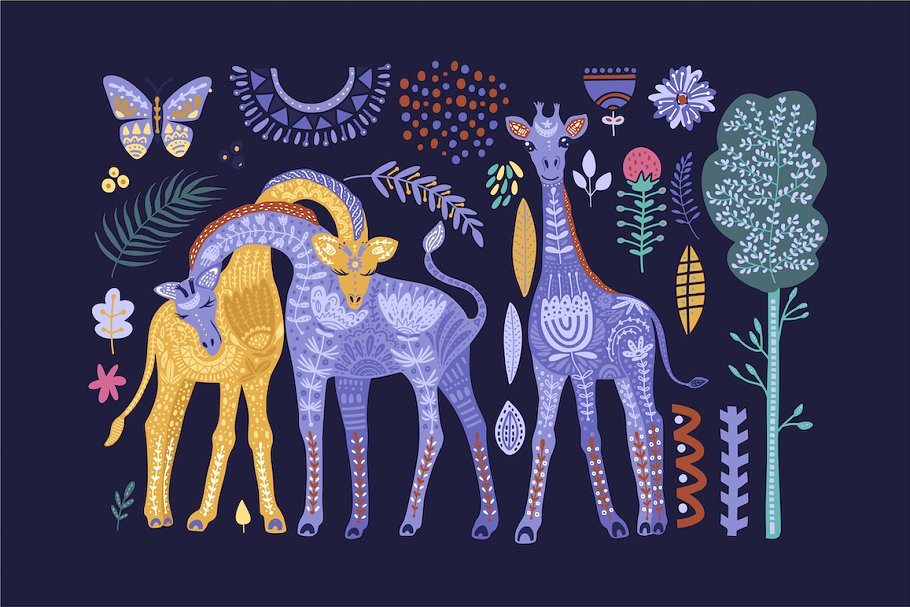 魔法长颈鹿民间艺术手绘矢量EPS图案集 Magic Giraffes. Folk Art Graphic Set_img_2