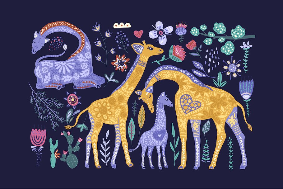 魔法长颈鹿民间艺术手绘矢量EPS图案集 Magic Giraffes. Folk Art Graphic Set_img_2