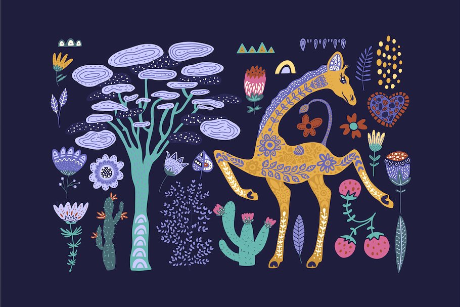 魔法长颈鹿民间艺术手绘矢量EPS图案集 Magic Giraffes. Folk Art Graphic Set_img_2