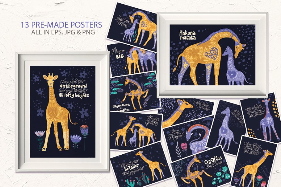 魔法长颈鹿民间艺术手绘矢量EPS图案集 Magic Giraffes. Folk Art Graphic Set_img_2