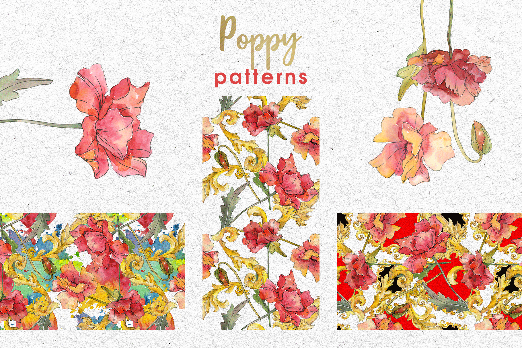 红色罂粟花花卉手绘水彩PNG图集 Red Watercolor Poppies PNG_img_2