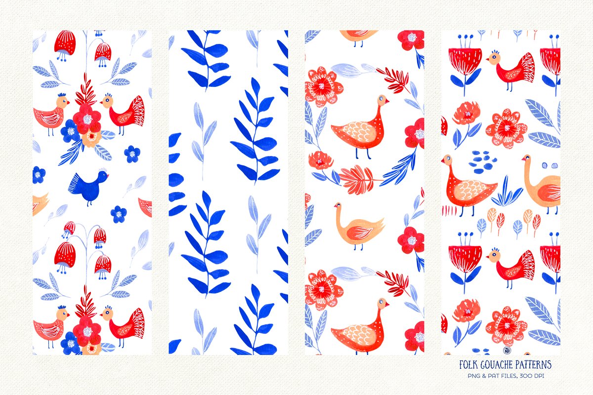 手绘民间艺术动物花卉水彩PNG画集 Folk Gouache Patterns_img_2