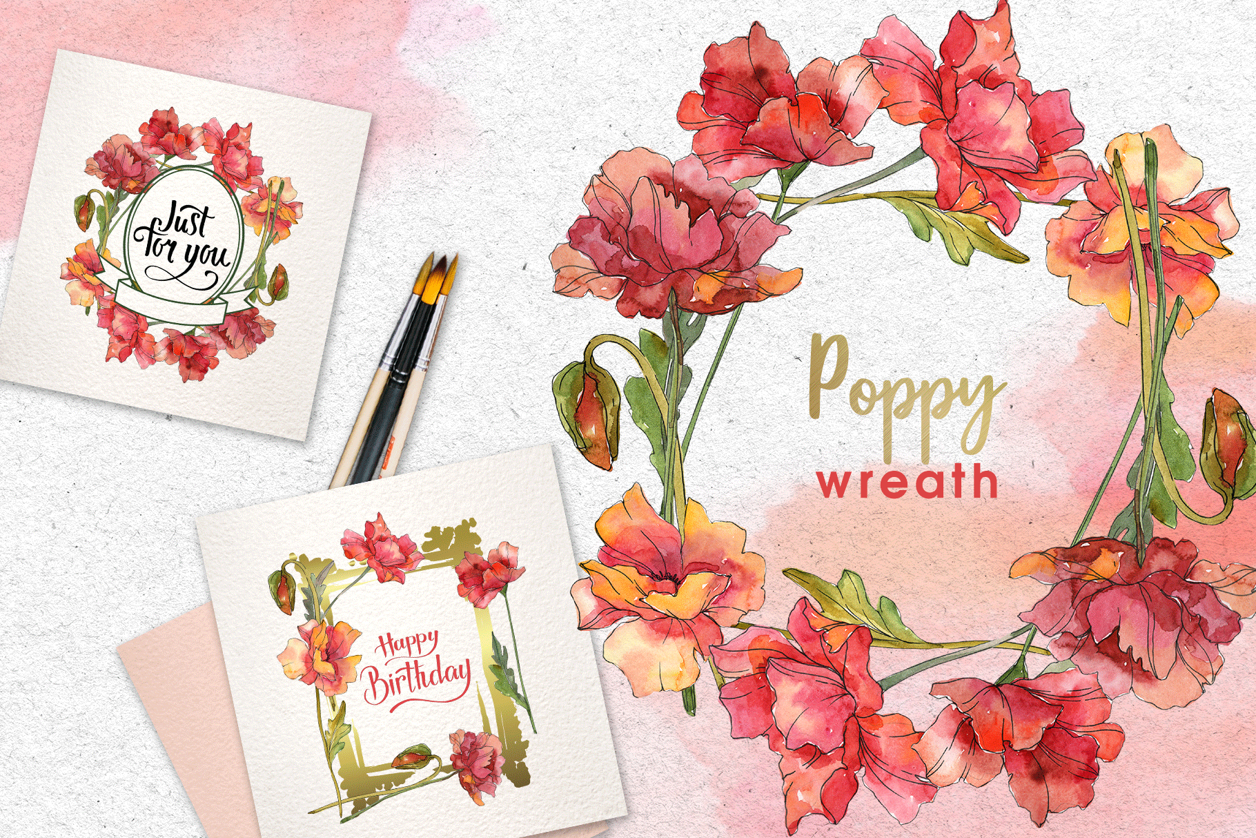 红色罂粟花花卉手绘水彩PNG图集 Red Watercolor Poppies PNG_img_2