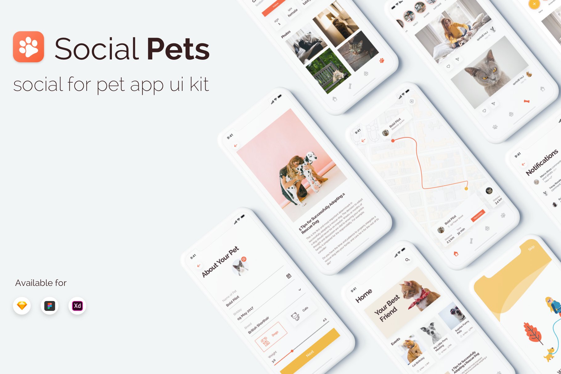 简约宠物猫咪狗狗手机App UI工具包 Social Pets App UI Kits_img_2